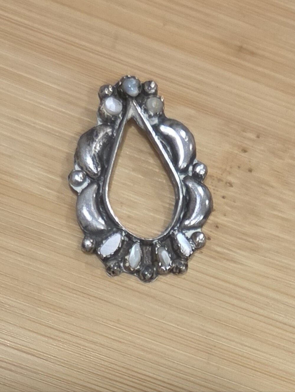 Vintage Old Pawn Open Silver Teardrop Pendant Mother of Pearl